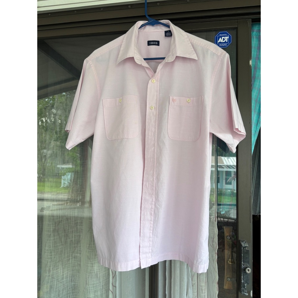 Izod Mens Pink Short Sleeve Button Front Shirt Double Pocket Medium Classic Fit